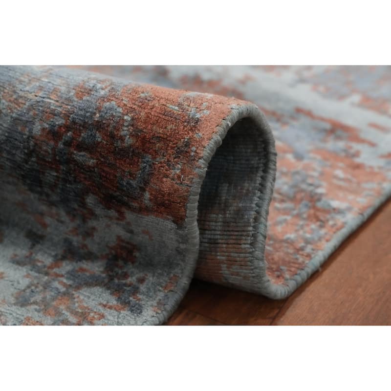 Hand Knotted Oriental Viscose Silk Carpet Modern Pictorial Multi-Colored Abstract Area Rug - 9' 11'' X 6' 5''