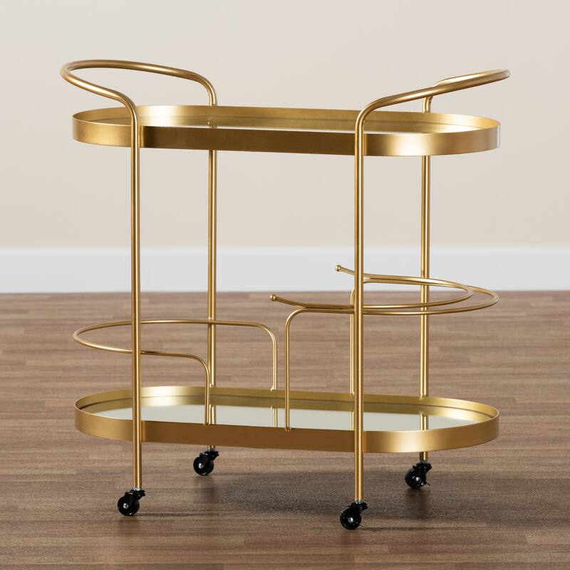 Kamal Glam Brushed Gold Metal and Mirrored Glass 2-Tier Wine Bar Cart