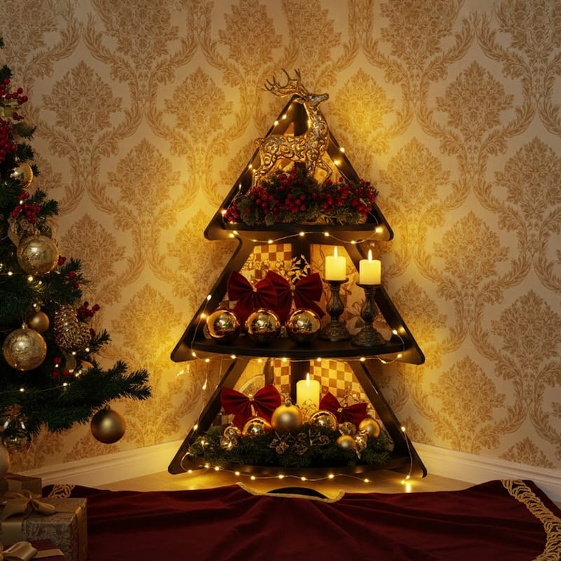 3-Tier Corner Shelf - Christmas Tree Shaped Accent Display Stand - 3 Tier