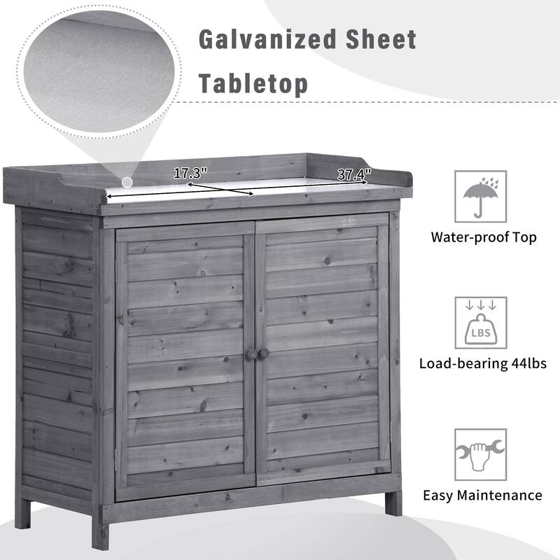 Patio Garden Potting Bench Table, Outdoor Garden Wooden Storage, Patio Workstation with 2-Tier Shelves and Side Hook