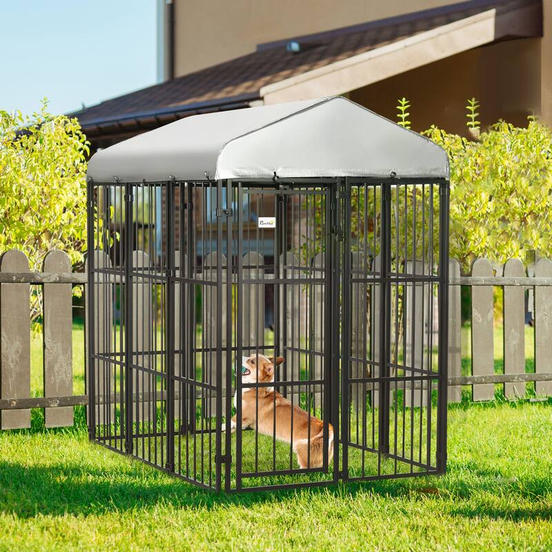 PawHut Dog Kennel, Outdoor Dog Playpen Run with Waterproof, UV Resistant Canopy, Heavy-Duty Chain Link for Small and Medium Dogs