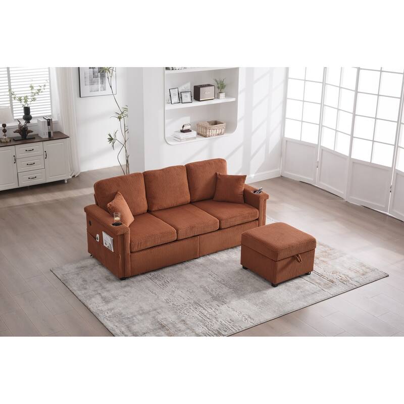 L-Shaped Sectional Sofa with Pull-Out Storage,Ottoman & Pillows 3-Seat with USB Charging,Cup Holder, Convertible Design