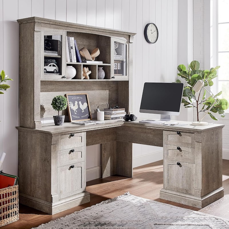 Farmhouse Computer Desk with Hutch, Wood Home Office Desk