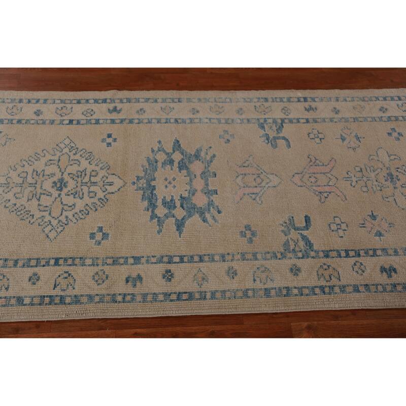 Hand Knotted Oriental 100% Wool Carpet Transitional Geometric Beige & Ivories Oushak Runner Rug - 14' 2'' X 3' 4''