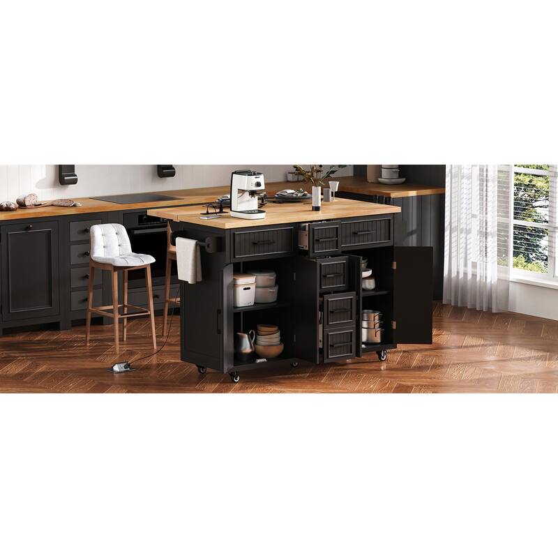 Roomfitters 56.5" Rolling Kitchen Island with Drop Leaf, Mobile Cart with Power Outlets, 5 Drawers & Embossed Barn Doors, Black
