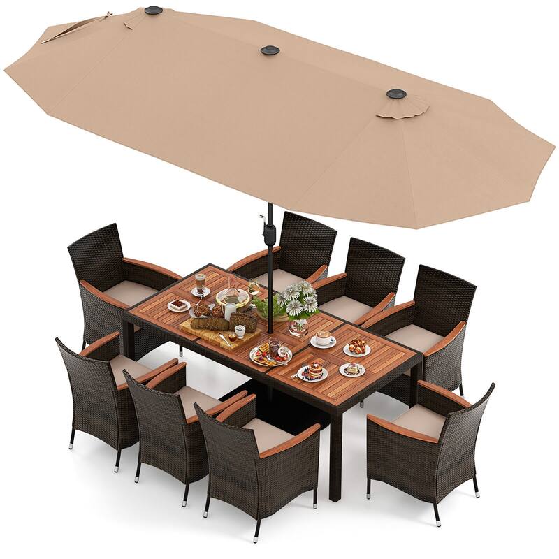 Gymax 9 Piece Patio Wicker Dining Set w/ Double-Sided Patio Coffee - Brown