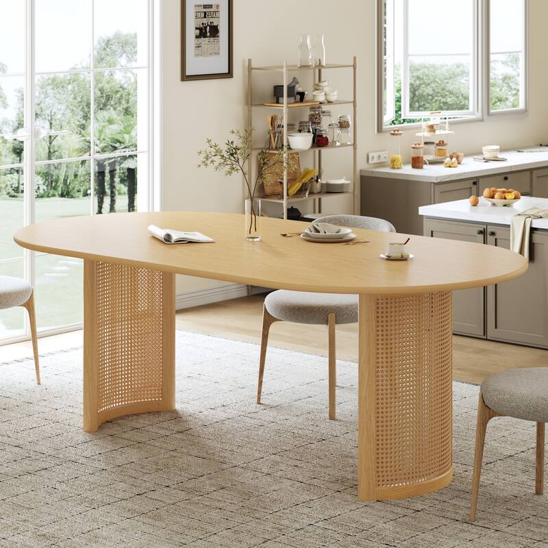 Oval Dining Table with Arc-Shaped Edge Top and Rattan Woven Base Modern Farmhouse Kitchen Table for Living Room Dining Room