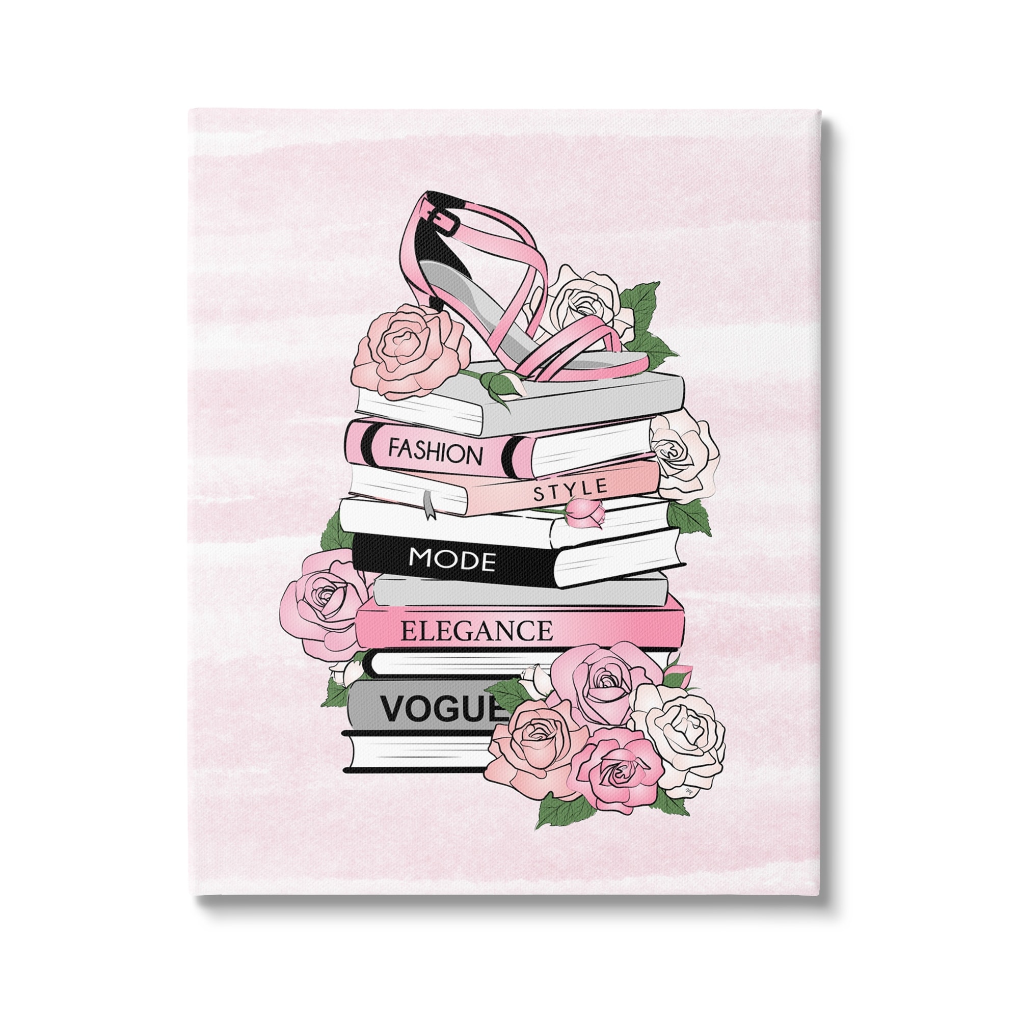 Stupell Industries Fashion Designer Flower Bookstack Black and White Watercolor 16x20 Stretched Canvas Wall Art