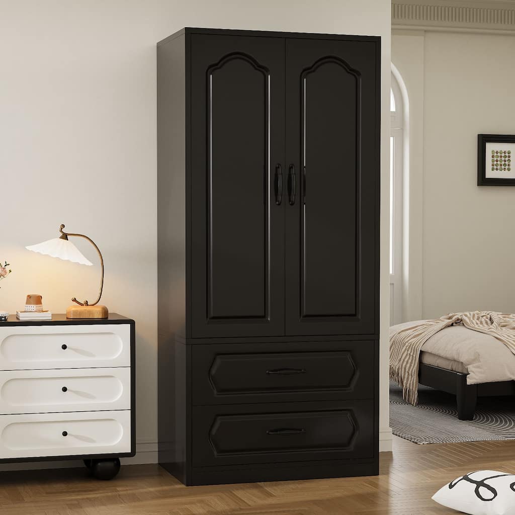 69" Wooden Armoire Wardrobe Closet with Drawers, Modern Bedroom Storage Cabinet with Hanging Rod