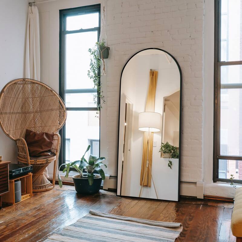 Modern Glam Arched-Top Full Length Floor Mirror Wood Frame with Stand - 65"x22" - Black