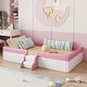 preview thumbnail 38 of 48, Upholstered Floor Bed Fence Bed Slat Platform Bed with Fence and Second Level Ladder, Anti-collision Frame for Kids Toddler Pink/ White - Full