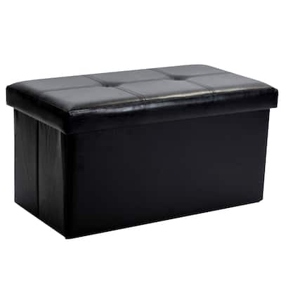 Simplify Black Faux Leather Double Folding Storage Ottoman - 30" x 15" x 15"