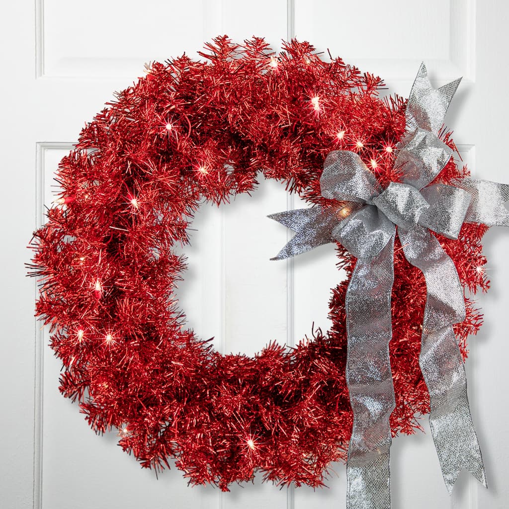 Pre-Lit Tinsel Artificial Christmas Wreath - 24" - Red - Clear Lights