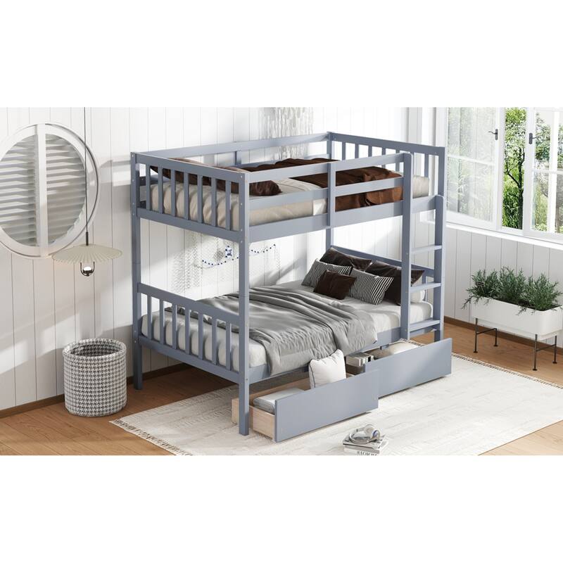 Roomfitters Twin Over Twin Rubber Wood Bunk Bed with Underbed Storage, Convertible to 2 Twin Beds, Ladder & Guardrails