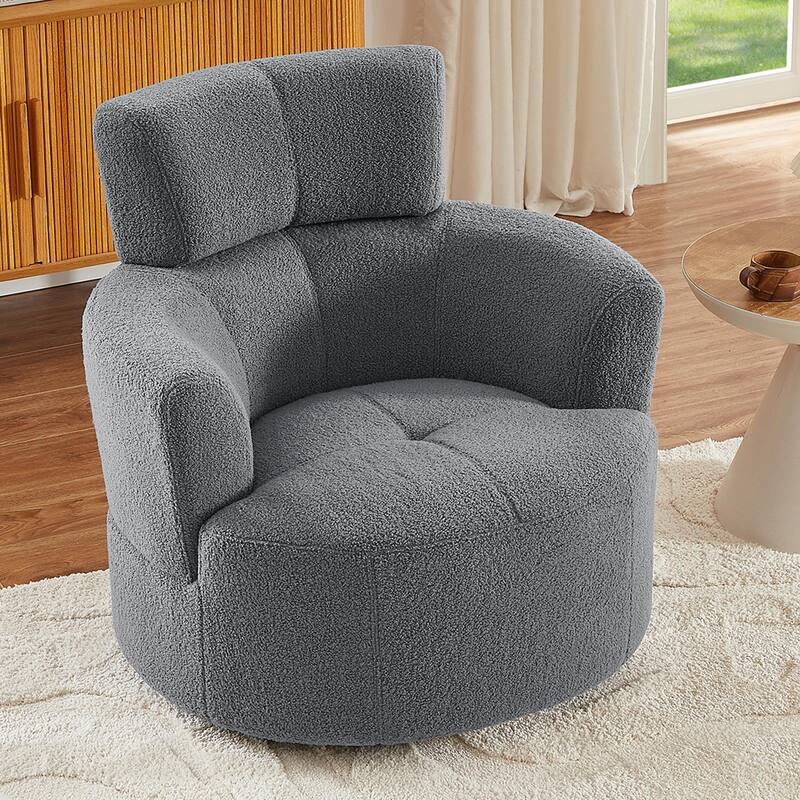 360° Swivel Chair, Upholstered Barrel Chair with Adjustable Headrest Modern Swivel Round Sofa Chair for Living Room