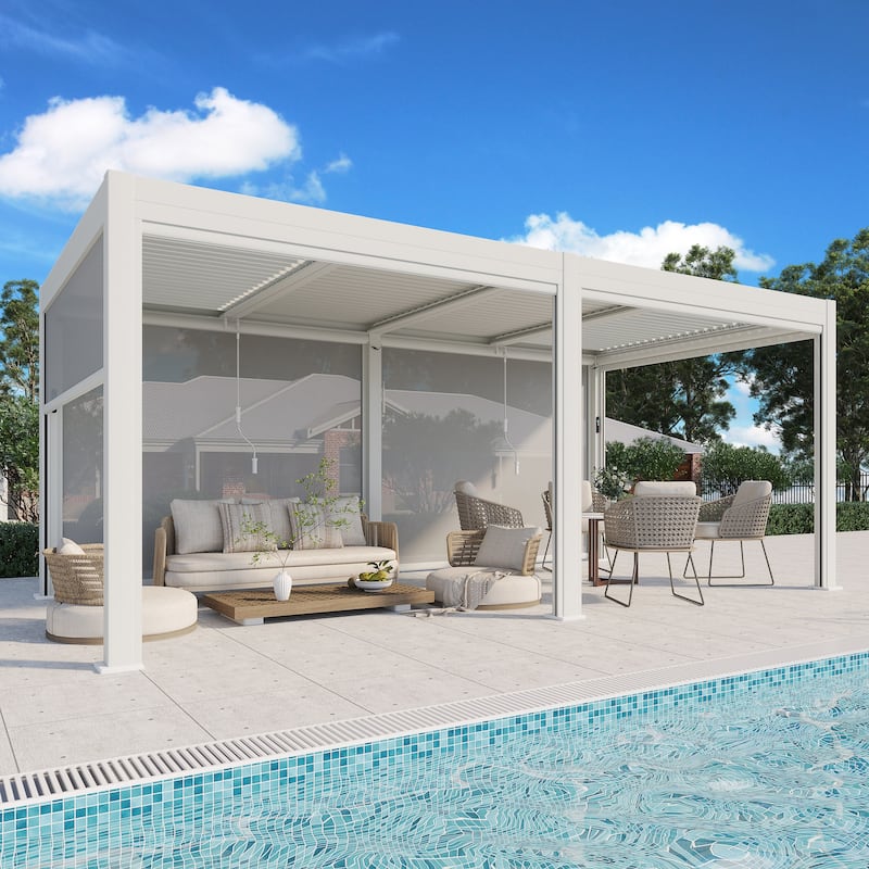 EROMMY Outdoor Louvered Pergola Gazebo with Adjustable Aluminum Rainproof Roof - 10'x20' Electric&LED - White