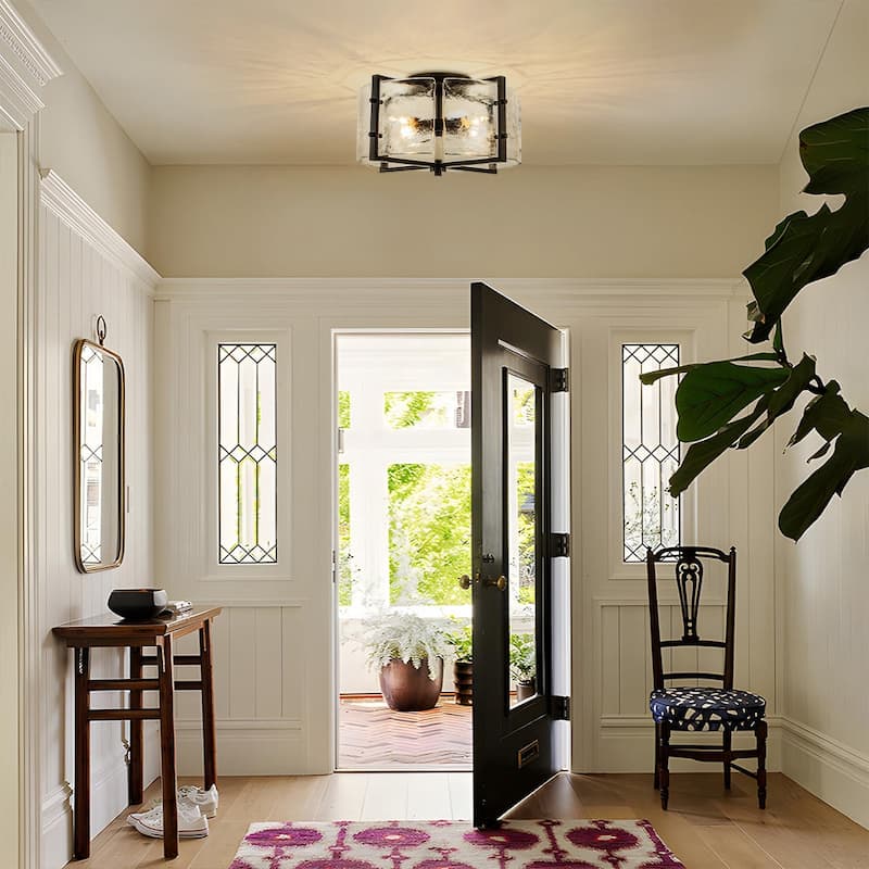 Modern Entryway 4-Light Handmade Glass Drum Semi Flush Mount - Matte Black - 16.7in