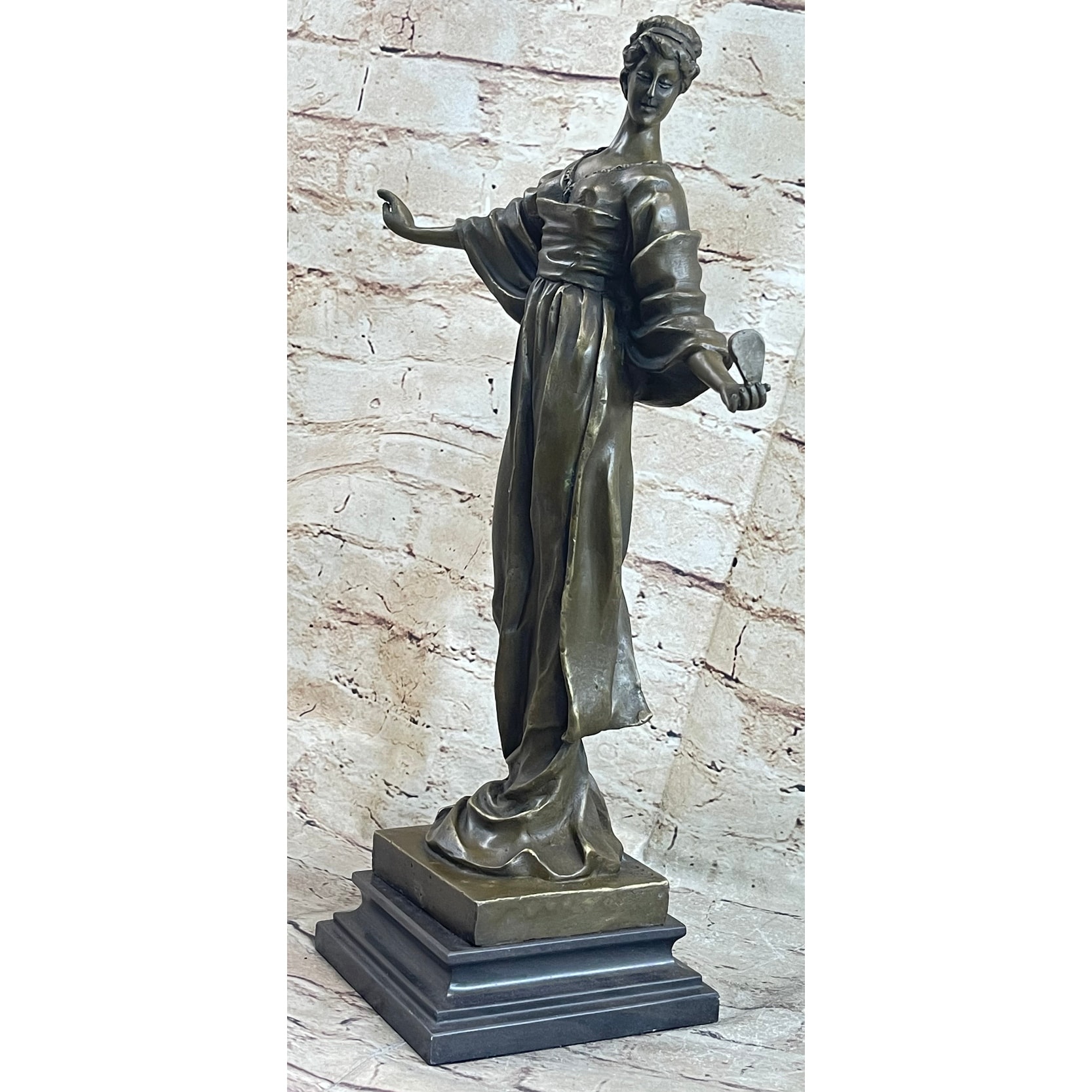 French 19Th Century Woman Holding Mirror Bronze Statue Sculpture Figure 19 Inches X 11 Inches