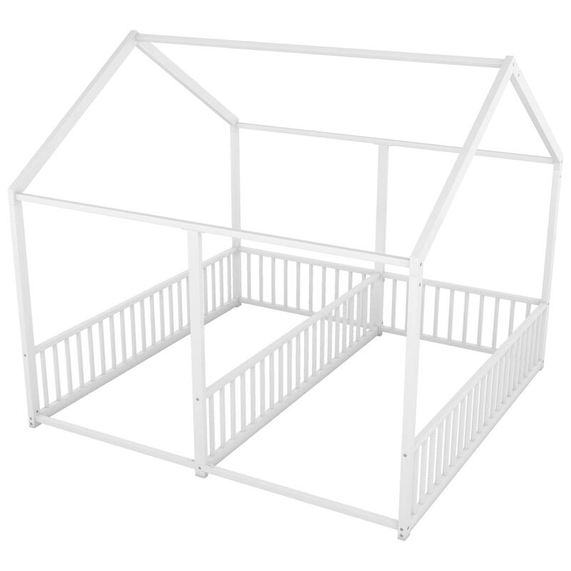 White Twin Size Metal House Platform Bed with Guardrails, Two Shared Beds