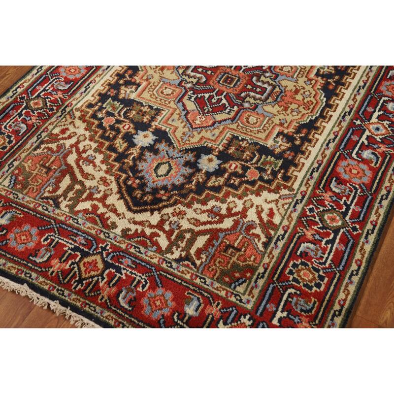 Hand Knotted Oriental 100% Wool Carpet Traditional Medallion Navy Blue & Blues Heriz (serapi) Area Rug - 5' 11'' X 4' 0''