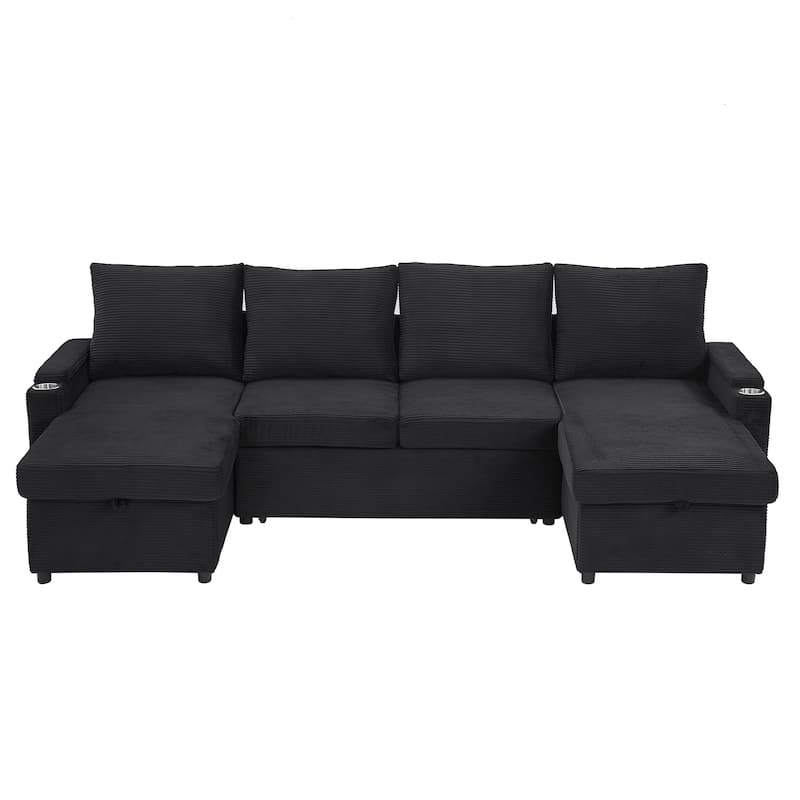 Convertible Sofa Bed with Pull Out Bed, U-Shaped Sectional Sofa with Dual Storage Chaise Lounges, USB Ports & Cup Holders