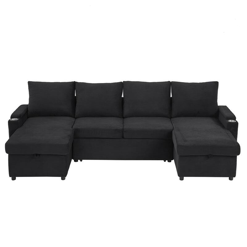U-Shaped Sectional Sofa Convertible Sleeper Sofa with Dual Storage Chaise Lounges, Cup Holders, USB, Storage Boxes and Pockets