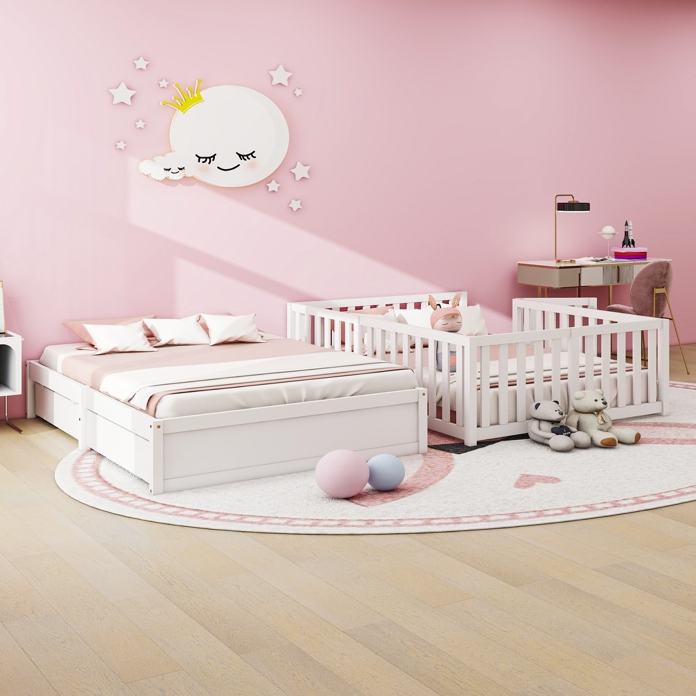 Wood Daybed with Fence Guardrails and 2 Drawers, Split into Independent Floor Bed & Daybed