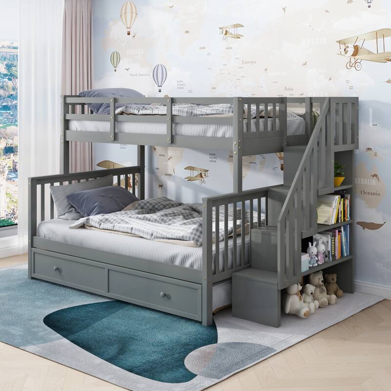 Twin-Over-Full Bunk Bed with Twin size Trundle - Grey