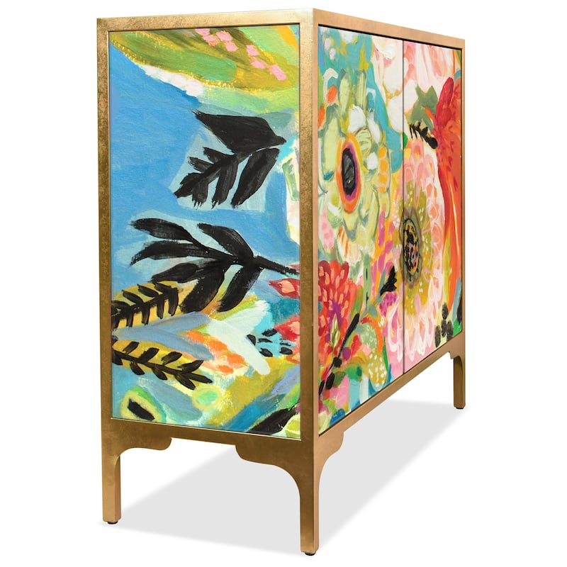 "Secret Garden Floral" Cabinet Console Table on Beveled Reverse Printed Art Glass with Iron Gold Leafed Frame