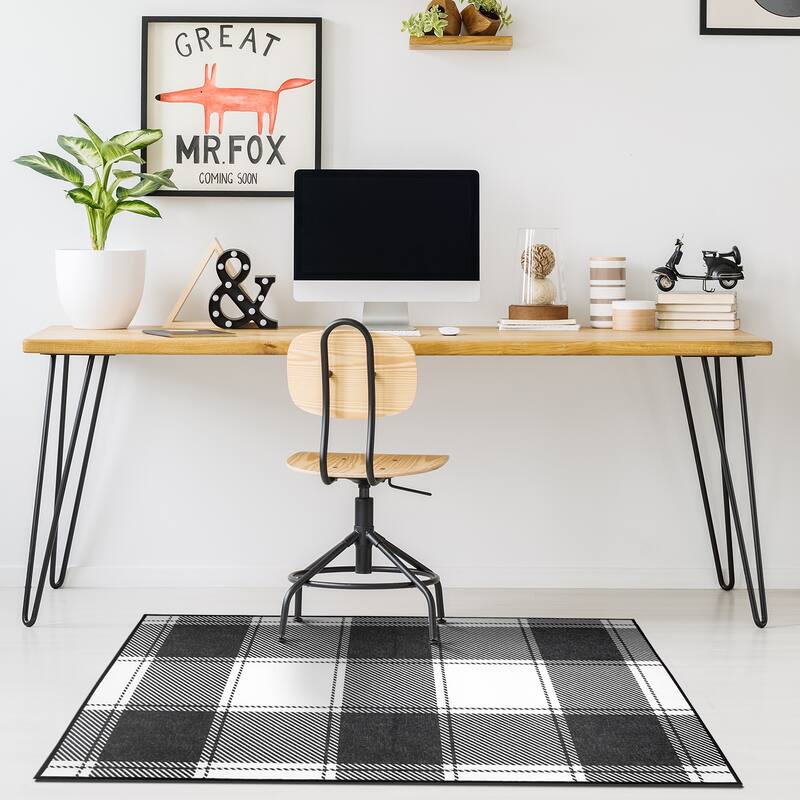 My Magic Carpet Machine Washable Area Rug Buffalo Plaid Black & White