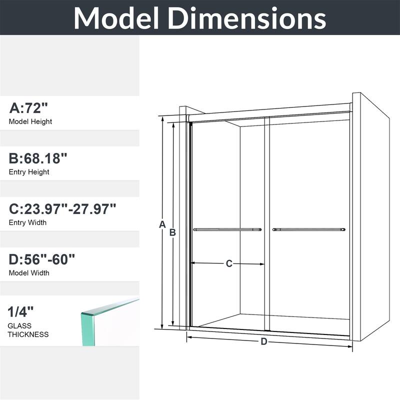 56"-60"W x72" H Semi-Frameless Double Sliding Shower Door