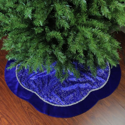 48" Royal Blue Silver Swirl Christmas Tree Skirt with Scalloped Trim