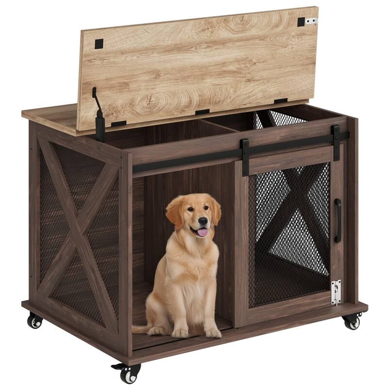 Large Wooden Dog Crate Kennel Furniture Side End Table with Flip Top and Movable Divider