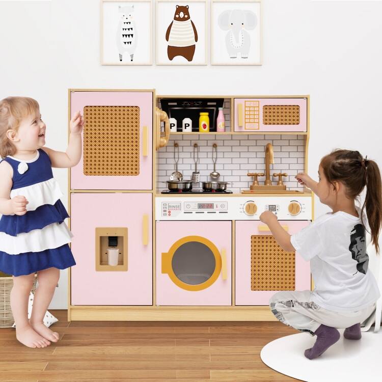 MDF Rattan Kids Play Kitchen with Lights, Sounds and Accessories - 33" × 10" × 31.5"