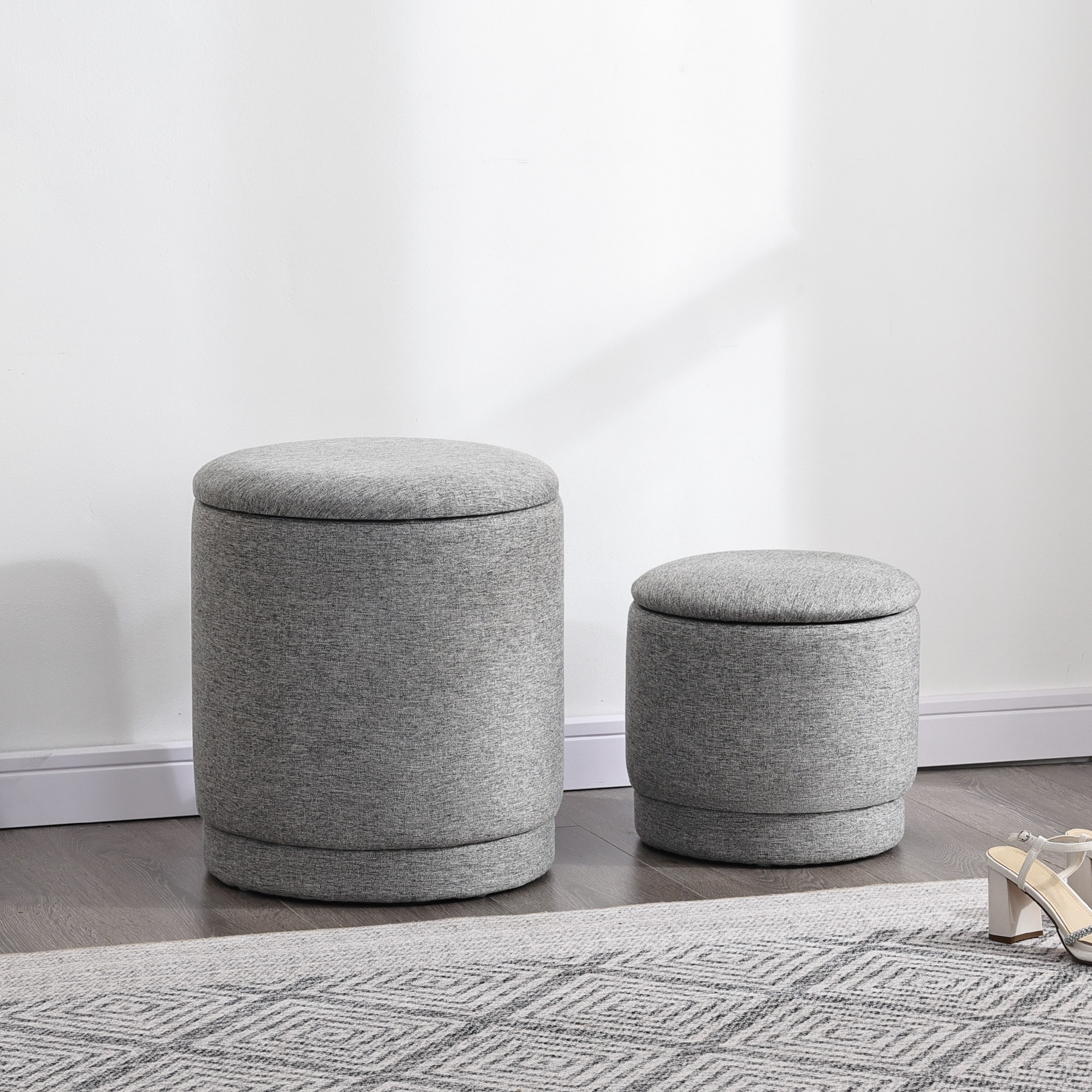 Adeco Set of 2 Round Fabric Storage Ottoman with Removable Lids