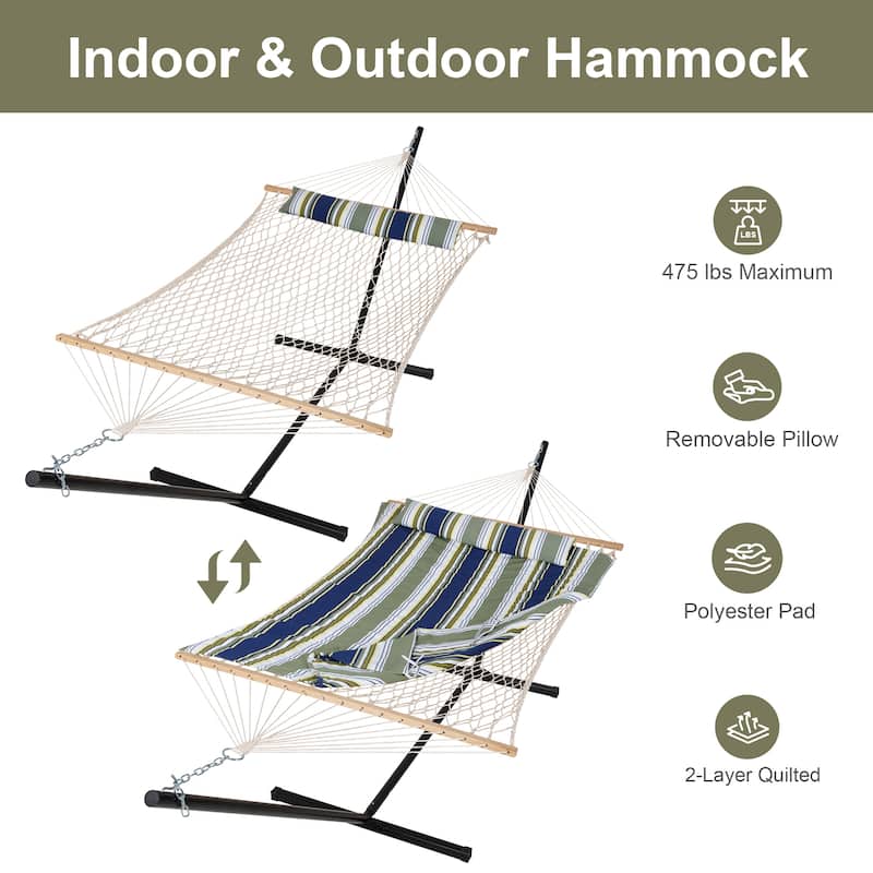 Double Hammock with Stand, Two Person Cotton Rope Hammock
