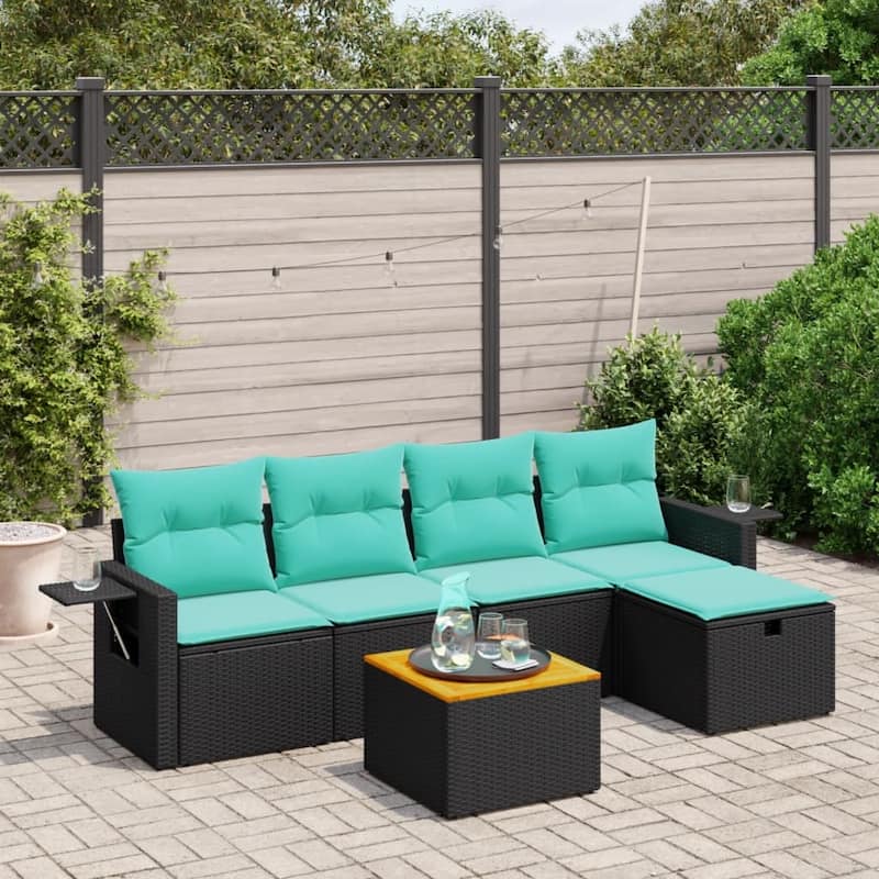 vidaXL Patio Sofa Set with Cushions Outdoor Furniture 6 Piece Poly Rattan - 21.7" x 24.4" x 27.2" - Black without storage