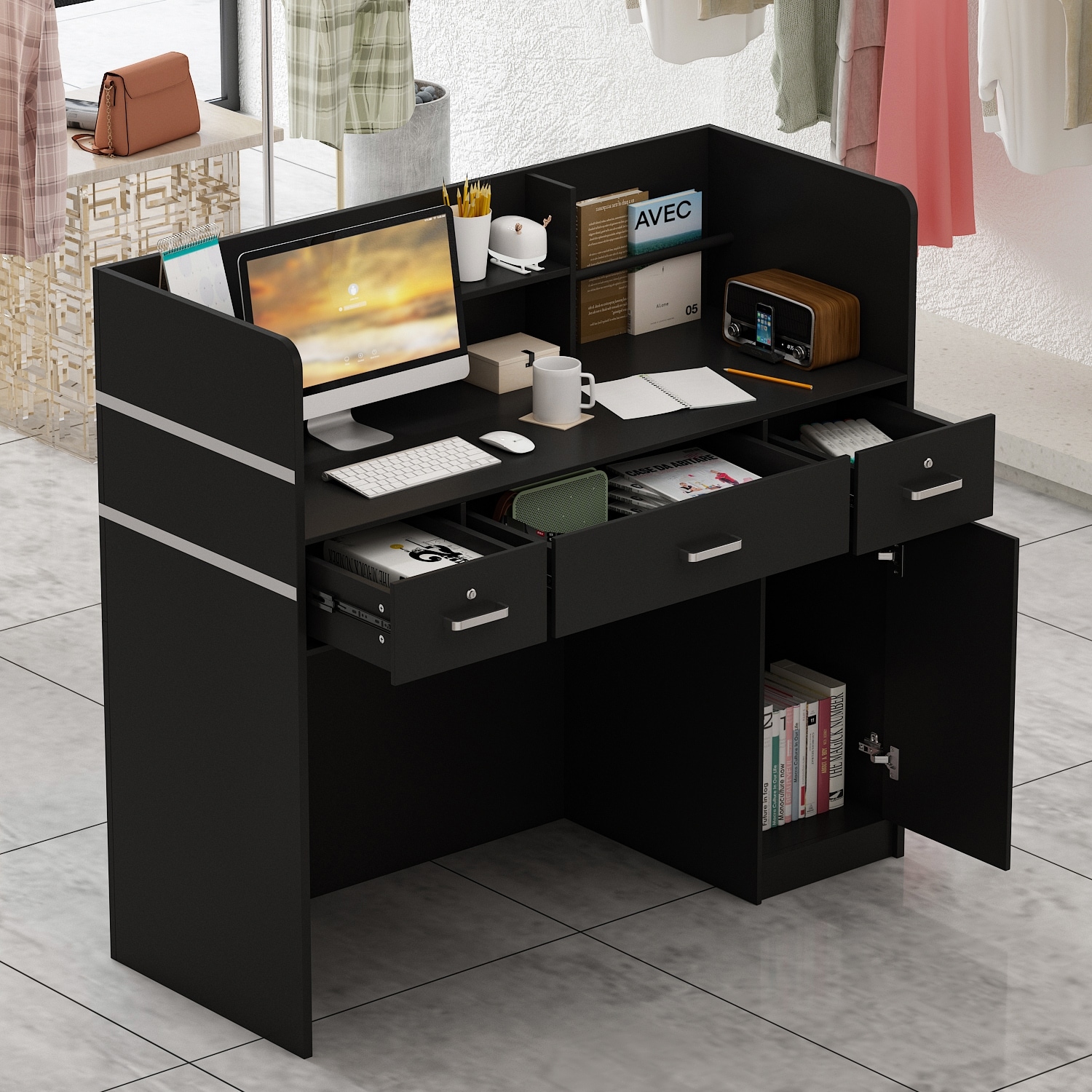 47.2"W 43.3"H Rectangular Wood Reception Desk Coumpter Desk - Picture 9 of 20