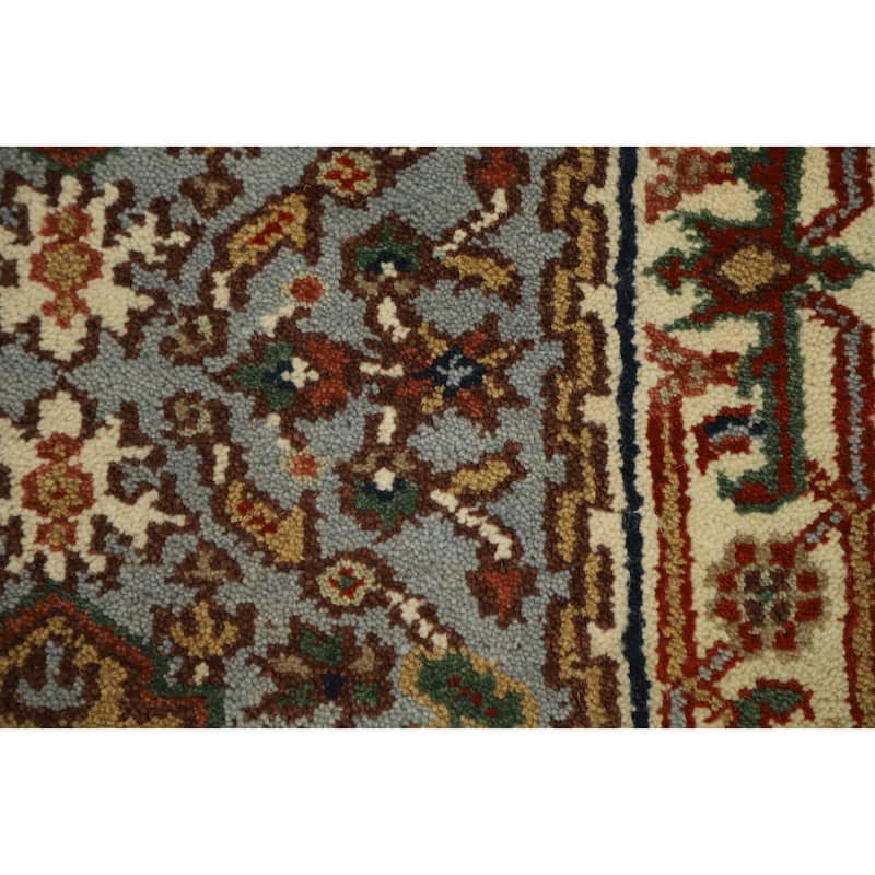 Hand Knotted Oriental 100% Wool Carpet Traditional Geometric Greys & Charcoal Heriz (serapi) Runner Rug - 9' 10'' X 2' 7''