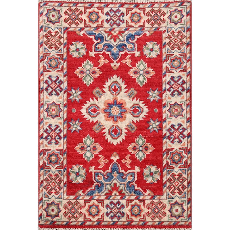 Geometric Red Kazak Accent Rug Handmade Wool Carpet - 2'0" x 2'11"