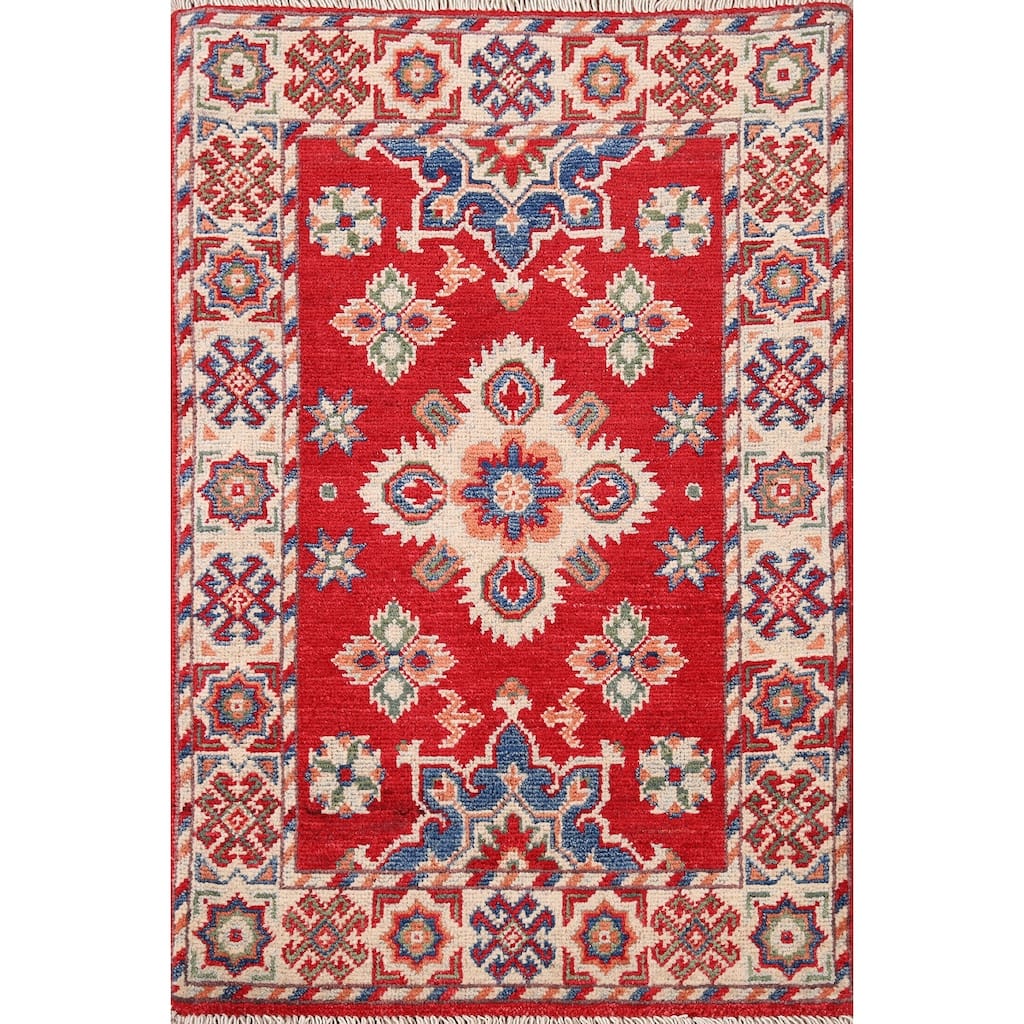 Geometric Red Kazak Accent Rug Handmade Wool Carpet - 2'0" x 2'11"