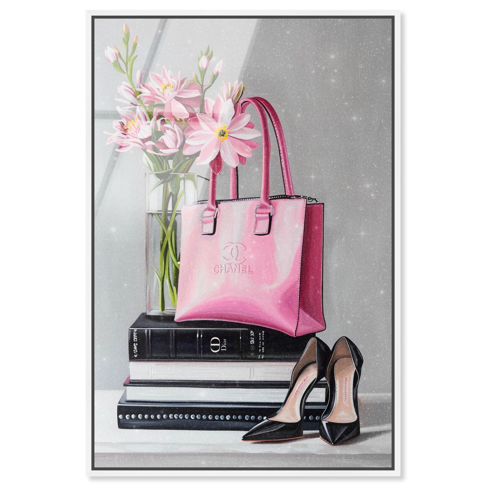 Delicate Pink Purse and Books Framed Acrylic Wall Art by Art Remedy