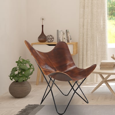 LR Home Brown Leather Butterfly Chair - 37" L x 27" W x 16" D