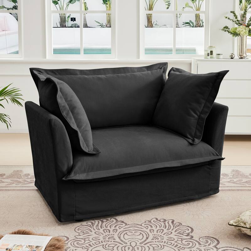 Slip-covered Armchair with Cushions, Chenille Fabric, Black
