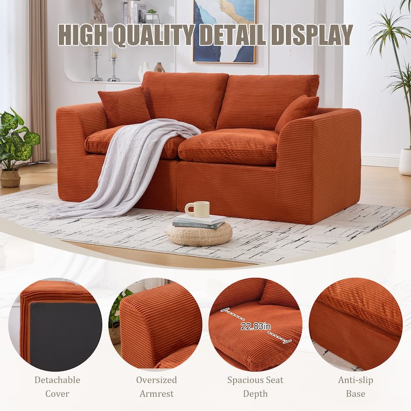 Modern 2-Seater Corduroy Cloud Sofa Modular 2-Piece Sectional Sofa with Removable Covers, for Living Room, Bedroom, Orange