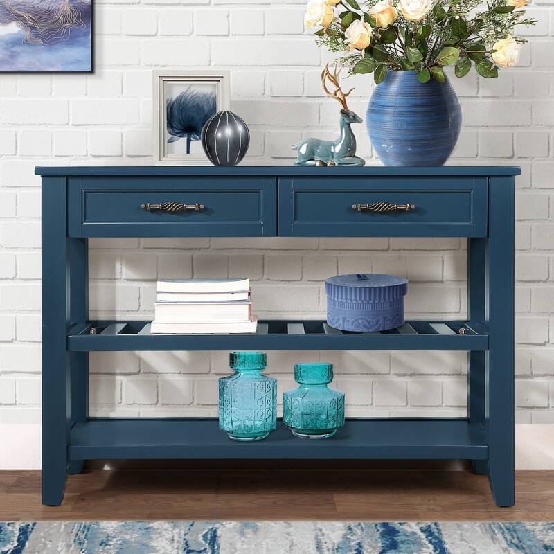 3-Tier Console Table, 42" Solid Wood Entryway Table Pine Accent Table - Navy Blue