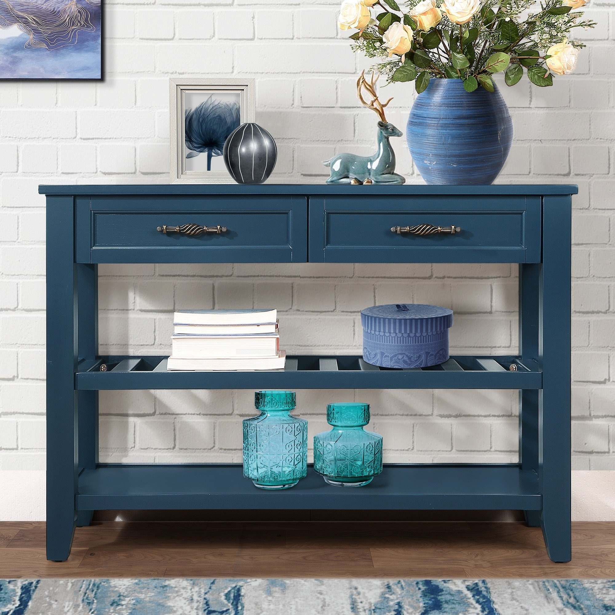 42" Distressed Console Table with 2 Drawers and Shelves, Vintage Solid Wood Entryway Storage