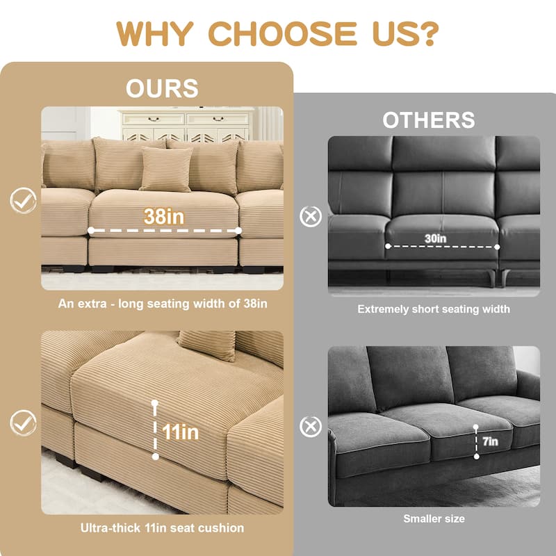 54" Oversized Cloud Sectional - Extra-Thick Cushions, Corduroy Fabric, Easy Assembly - Living Room, Study