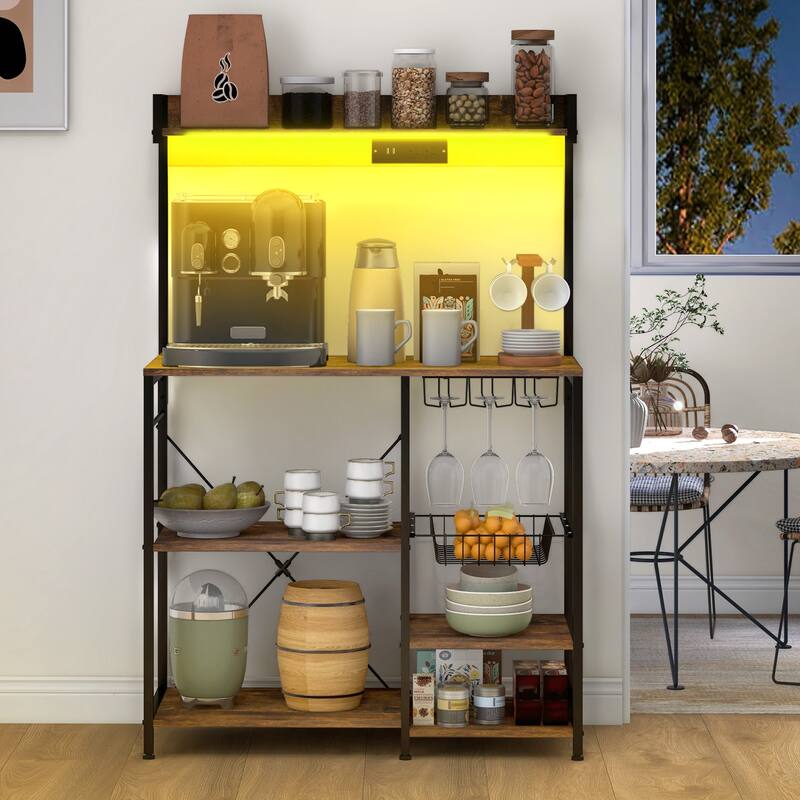 Industrial Baker's Rack with Power Outlet and LED Lights, Storage