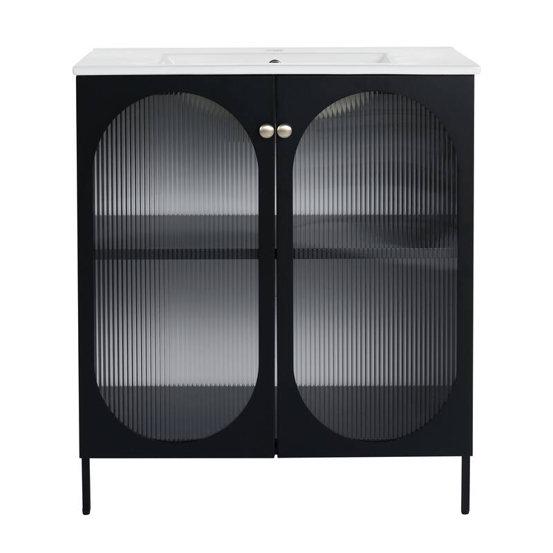 30-Inch Bathroom Vanity Cabinet with Cold-Rolled Steel Body and Dual Handles in Black and Gold - 30in L